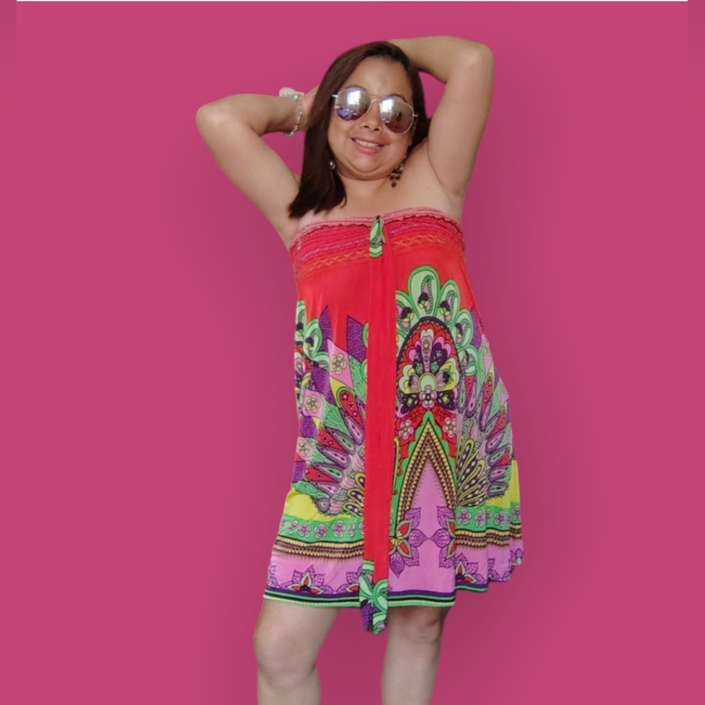 ACE FASHION WOMENS LARGE RED STRAPLESS MIDI SUN DRESS